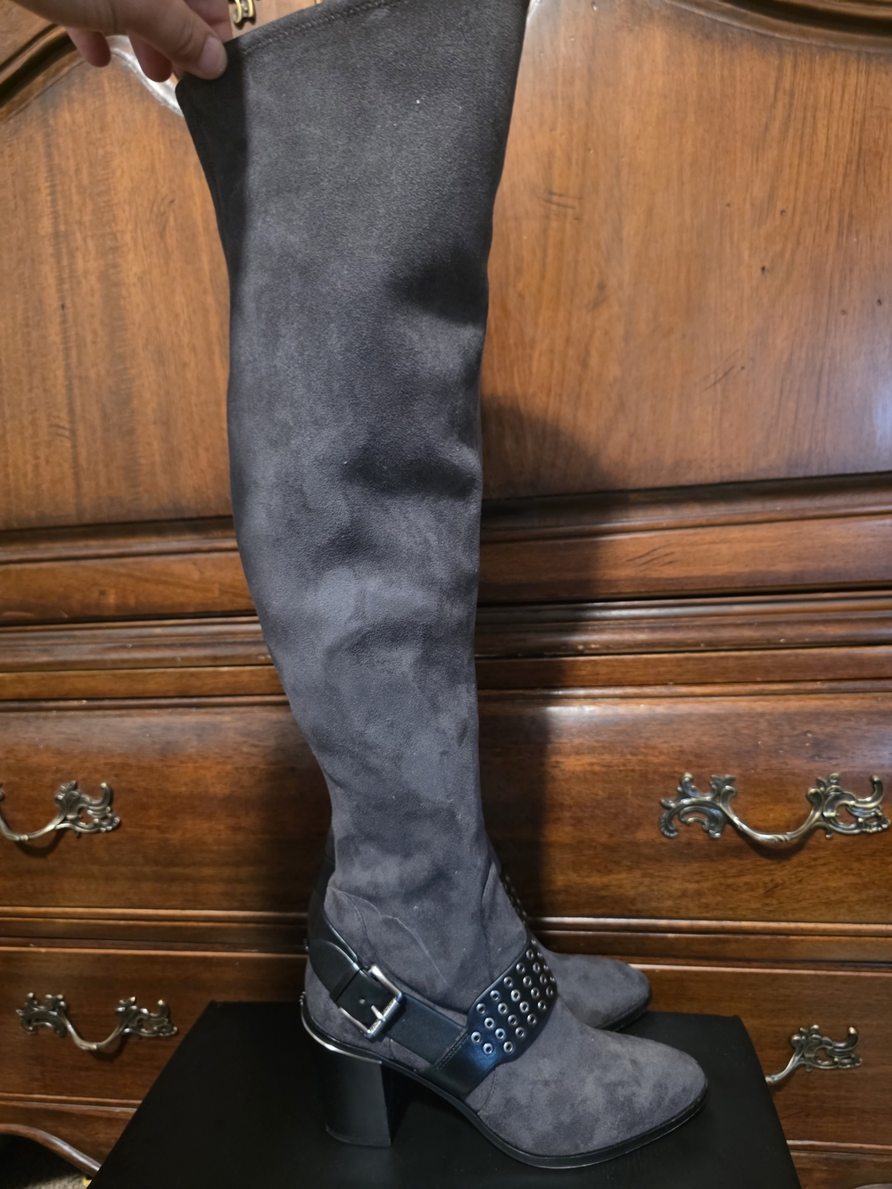 Women's Over-the-Knee Grey Suede Block Heel Boots with Studded Strap